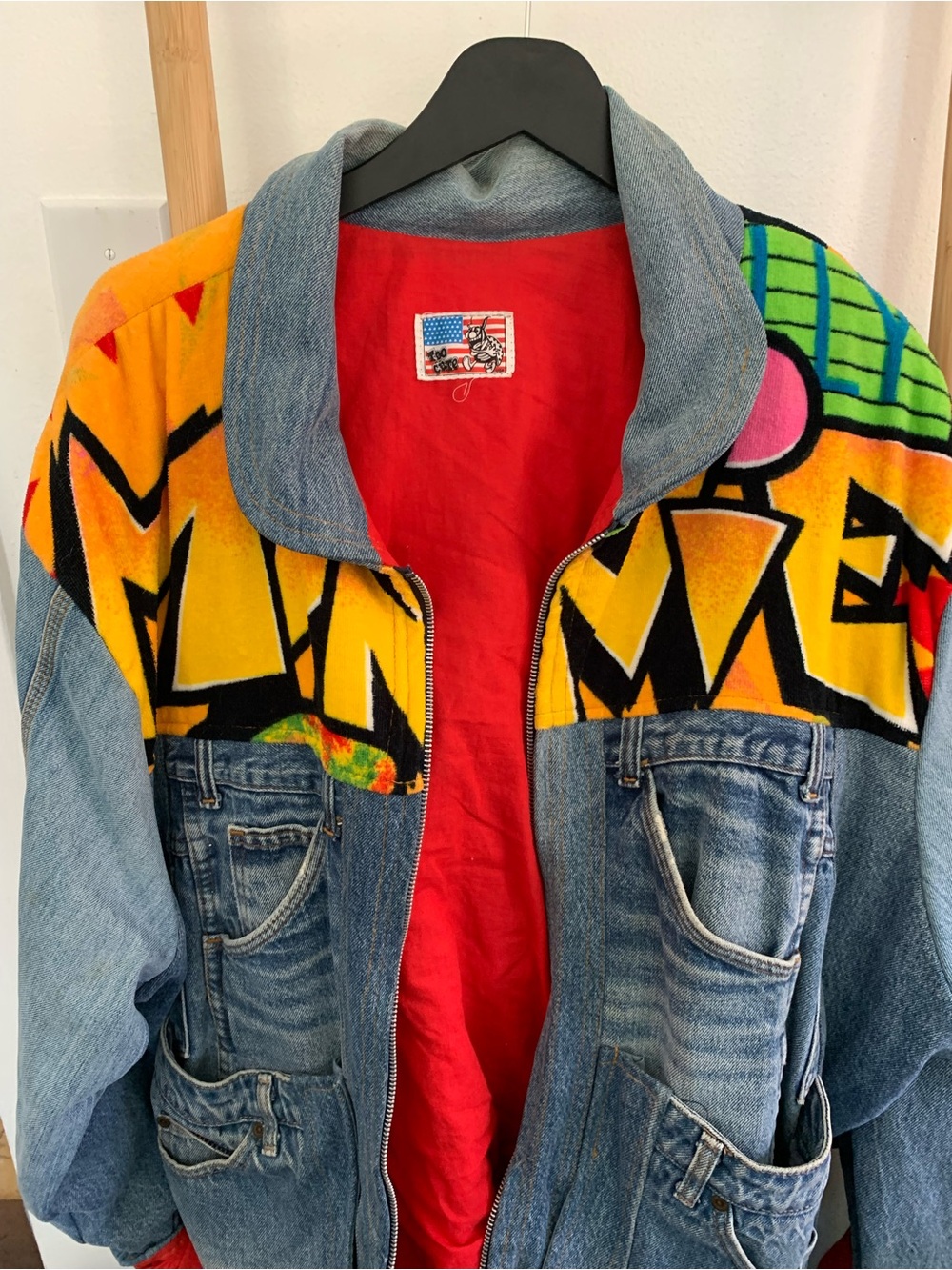 “Too Cute” Mickey Mouse Colorblock Denim Jacket with Vibrant Graphic Panels